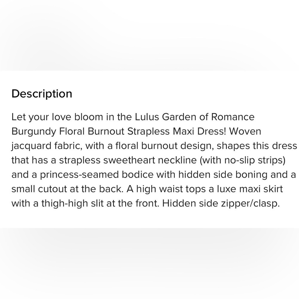 Lulus Garden of Romance Burgundy Strapless Maxi Dress NWT L #1325 - Picture 11 of 11